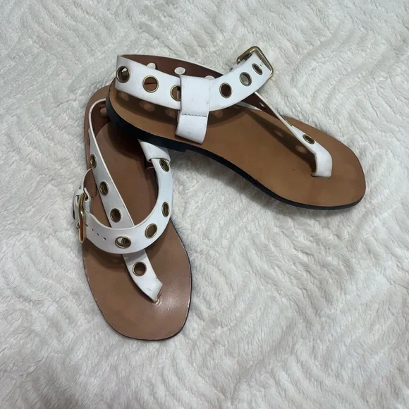 Celine White Leather Grommet Sandals 37.5 Flat Ankle Strap Made in Italy - Picture 2 of 16